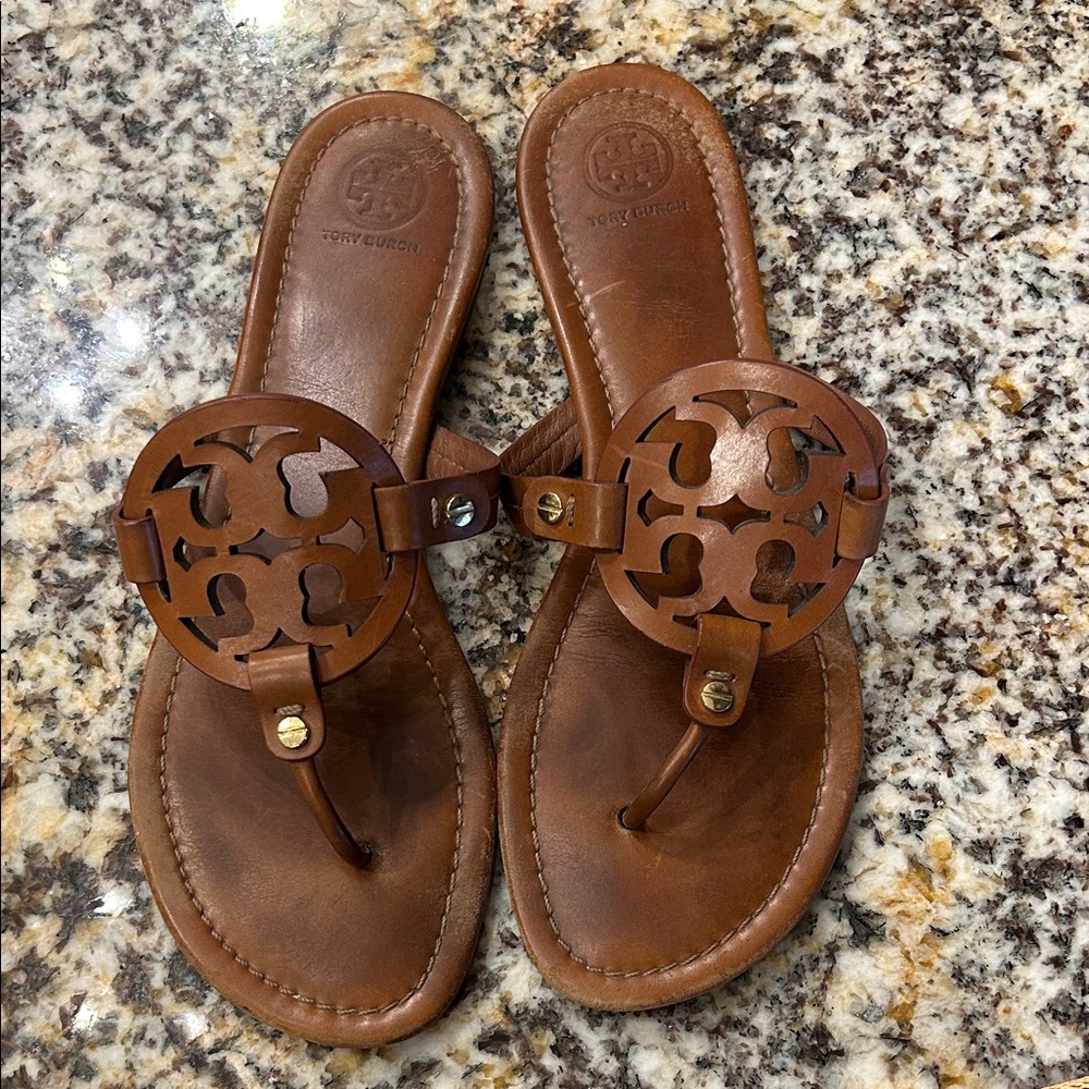 Tory Burch Brown Leather Logo Thong Sandals